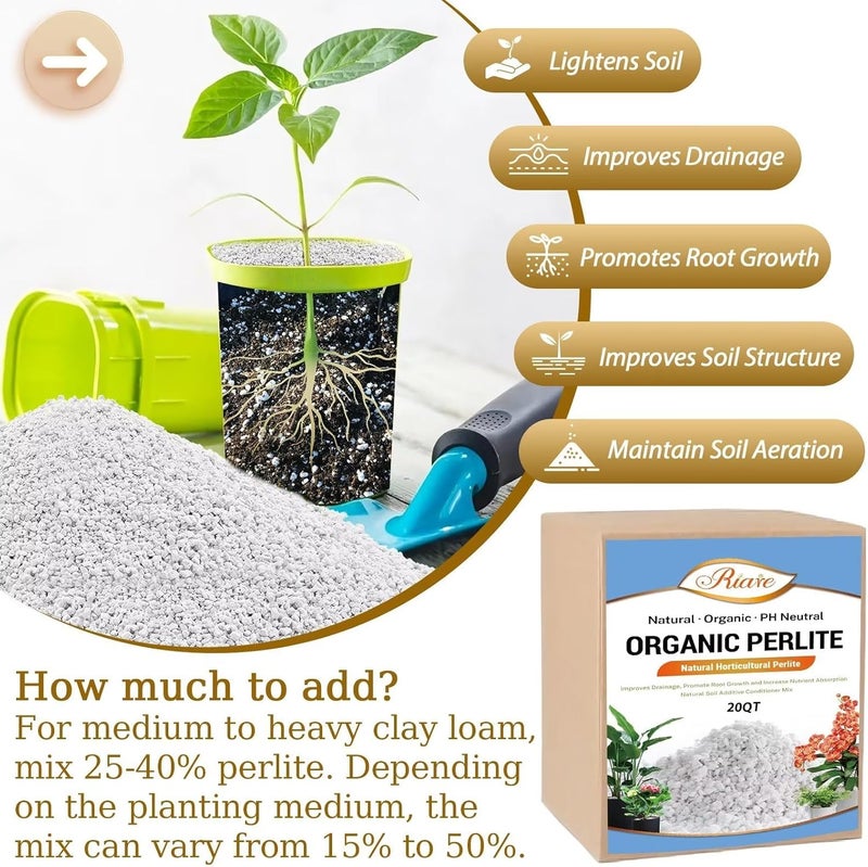 Riare 20 Quarts Organic Perlite for Plants - Horticultural Perlite Soil Amendment for Plants Potting Mix, Natural Chunky Perlite Soil Additive Conditioner Improve Root Growth, Drainage and Ventilation - Image 3